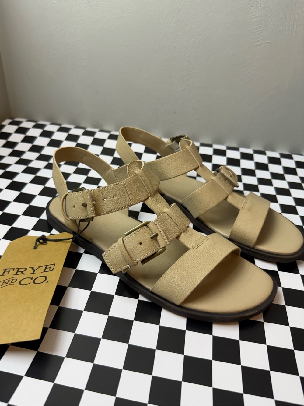 FRYE AND CO. Tan Leather Triple-Buckle Slingback Sandals